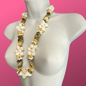 Seashell Lei Necklace Green Ribbon Tie Natural Hand Crafted Hawaiian Beachy Vibe